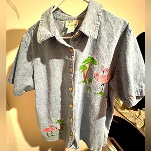 Quacker Factory denim chambray flamingo button up shirt